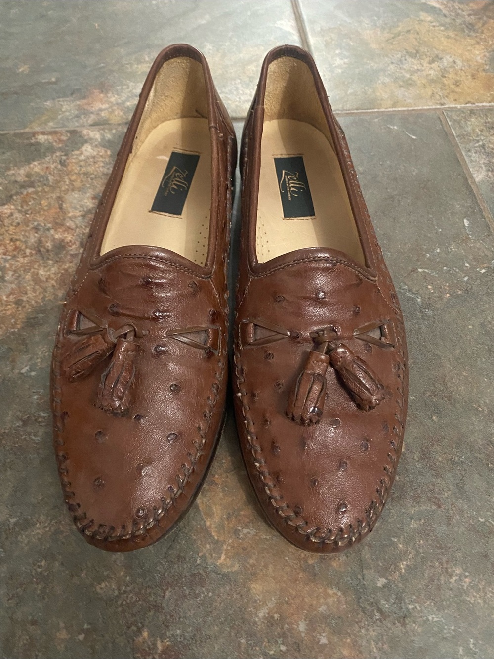 Zelli Ostrich Brown Tassel Leather Loafers